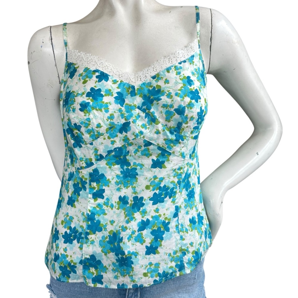 Y2K Ann Taylor Blue White Green Flower 100% Cotton Lace Trim Strapless Top 4